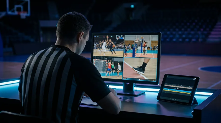 Referee reviewing a multi‑angle instant replay at the scorer’s table